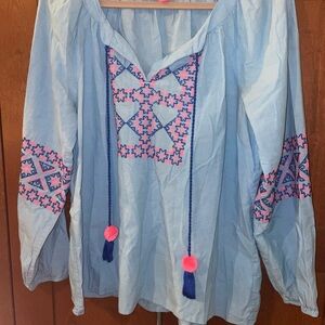Lilly Pulitzer Cecile Embroidered Tie Neck Tassel Top Zanzibar Blue Sz L NWOT